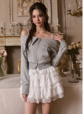 Three Quarters25AW灰色闪粉logo一字肩拉链外套蓬蓬花苞半身短裙