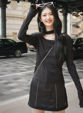 【折】Cottia官方旗舰店秋冬新挂脖开衩针织上衣拼接绒底短裙