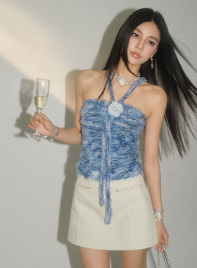 【折】OLIVIA DUO油画抹胸上衣小众漏肩短款小衫配飘带蓝色挂脖