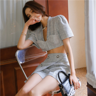 小香风短款 YCH V领上衣两件不规则裙式 短裤 木兰 套装 折