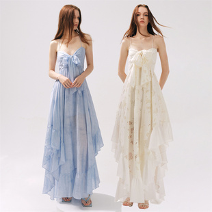 MOOD X MIURA 25SS 白色荷叶边蝴蝶结系带露背长裙