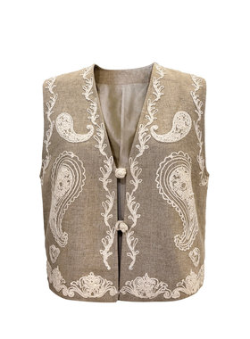 【折】SIEW新品25度假风亚麻腰果花重工马甲刺绣镂空蕾丝衬衫短裤