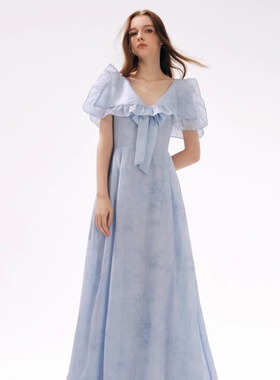 MOOD X MIURA 25SS  蓝色荷叶边娃娃领后背系带长裙