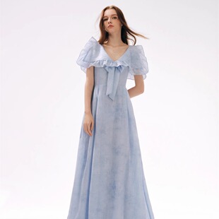 MOOD X MIURA 25SS 蓝色荷叶边娃娃领后背系带长裙