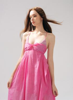 MOOD X MIURA 25SS 玫红色提花拼接不对称荷叶边长裙