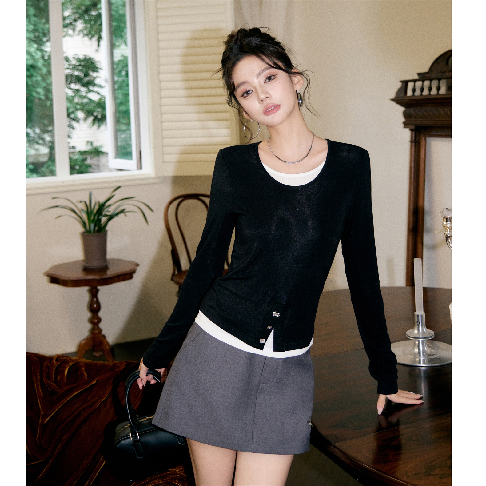 Three Quarters 24夏撞白异扣开衩假两件牛筋腰头裙裤木兰合集