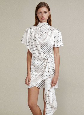 【国现68】ACLER秋新款法式白色波点缎面小高领褶皱连衣裙女木兰