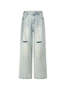 Three Quarters25AW 浅蓝色结构设计捏褶破洞脏洗阔腿裤