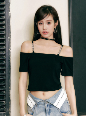 Three Quarters 官方旗舰店2024新款钻链露肩修身上衣短袖木兰合