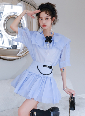 【折】ARTE PURA 春夏新款花边领带花朵珠链半袖抽褶云朵半裙