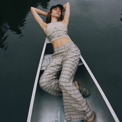 现货For Love and Lemons2J秋季新款设计感鱼骨胸衣格纹阔腿裤