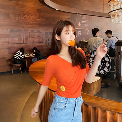 新款春夏糖果色水溶领短袖羊毛衫