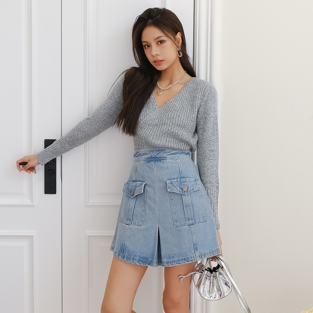 木兰meo21长袖交叉毛衣牛仔