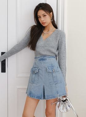 【折】C/meo 新款 FEATURE 长袖V领交叉毛衣高腰牛仔阔腿裤半身裙