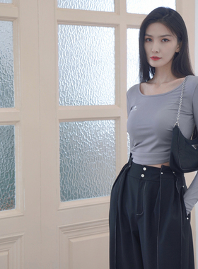 【折】Cottia 官方授权 春季浅灰色白色腰缩褶长袖基础TEE 木兰