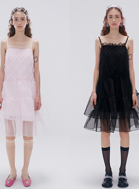 【折XS】ESTER HSU 时尚甜美粉色黑色网格泡泡纱吊带连衣裙