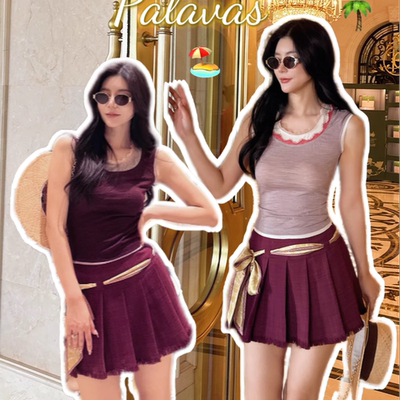 PALAVAS 孟子义同款 暮色石榴蕾丝短袖蕾丝T恤锡切斯舞曲绑带半裙