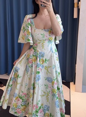 【折】Selkie collection 25ss 杏底虎蔚蓝月季印花中长款连衣裙