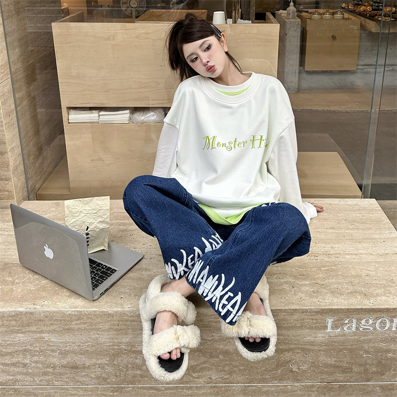 andrea martin23春夏新款 破洞假两件小怪兽卫衣蓝色牛仔裤木兰