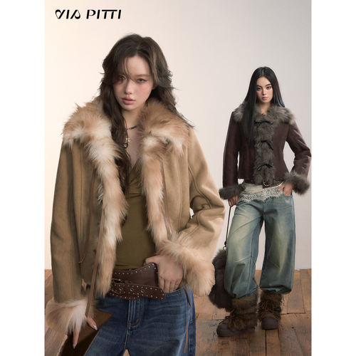 【折】VIAPITTI重磅蝴蝶结绑带仿皮毛一体外套女装秋冬大毛领上衣
