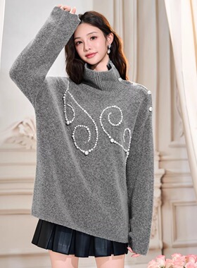 Three Quarters 25AW 灰色进口羊毛纯手工订珠高领毛衣