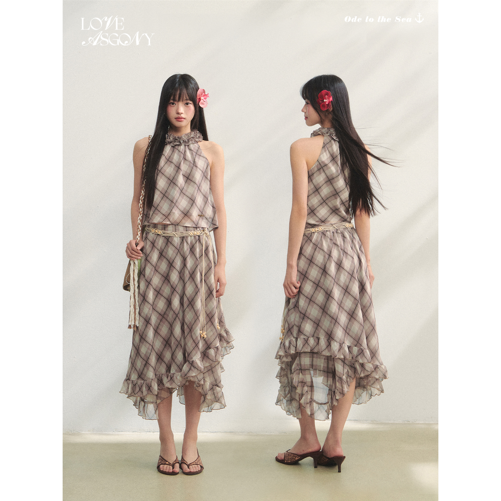 【折】AsGony 春夏新款 抽皱花边雪纺背心 不规则荷叶边雪纺半裙