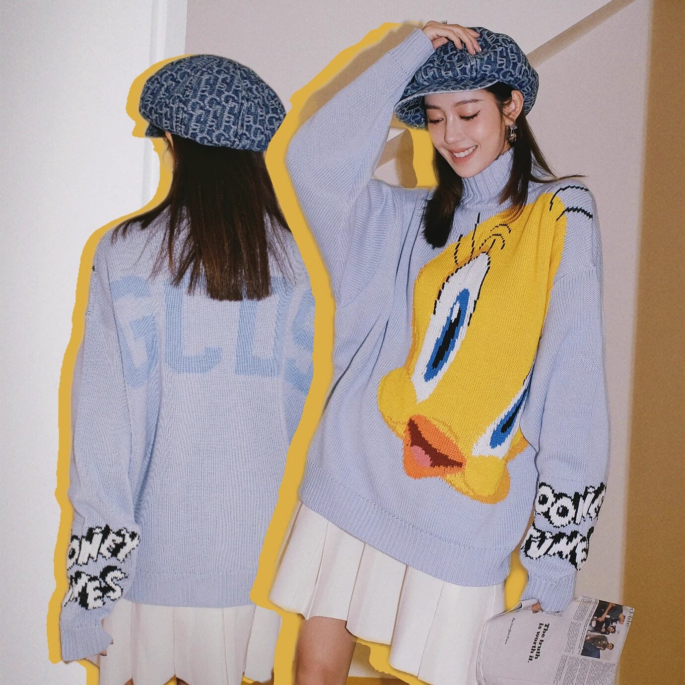 【5折清货】GCDS 新款翠儿崔弟小鸟LOGO针织高领宽松长袖毛衣