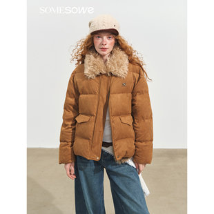 SOMESOWE25FW秋季麂皮绒拼接毛领羽绒服立体分割阔腿弯月牛仔裤