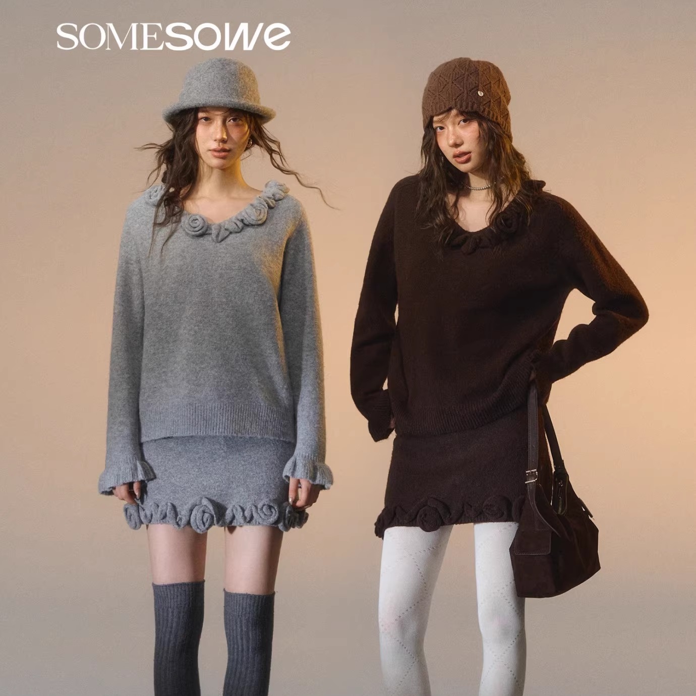 SOMESOWE25FW秋季新款 立体玫瑰V领长袖毛衣A字针织半裙