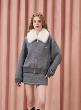 Three Quarters25AW灰色可拆毛领肌理针织卫衣外套拼腰带半身短裙