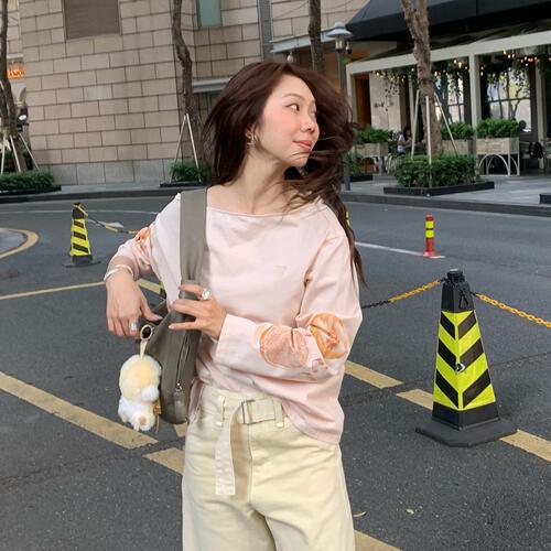 【设计师女装】ODTD26春夏新款青柠檬印花斜肩长袖T恤休闲宽松女