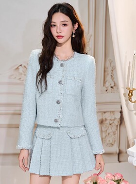 Three Quarters 25AW 蓝色绵羊毛粗花呢轻奢小香短外套半裙