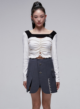 【折SM】HIGHLIGHT 设计师黑领拼接白色上衣西装下摆灰色短裙
