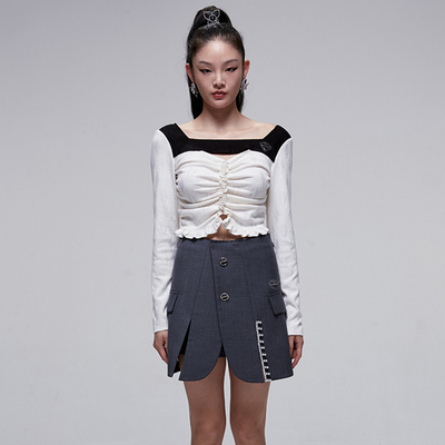 【折SM】HIGHLIGHT 设计师黑领拼接白色上衣西装下摆灰色短裙