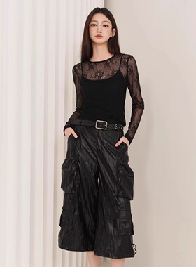 Three Quarters25SS 黑色透感蕾丝真两件叠穿打底衫 工装七分裤