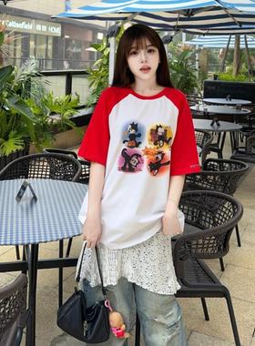 【折】SOFITTE 官方旗舰店新款 红色插肩袖菲力猫撞色印花T恤