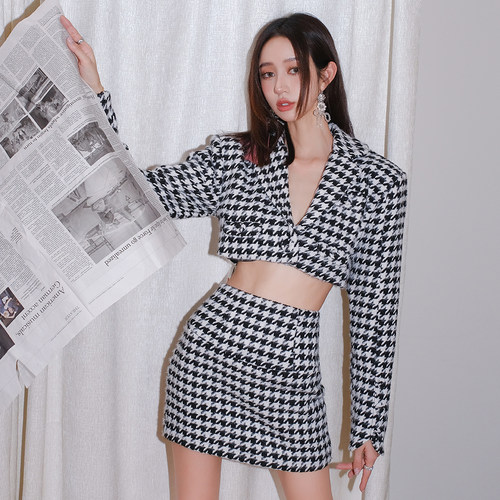 【折】For Love and Lemons 秋冬复古摩登千鸟格小香风辣妹套装
