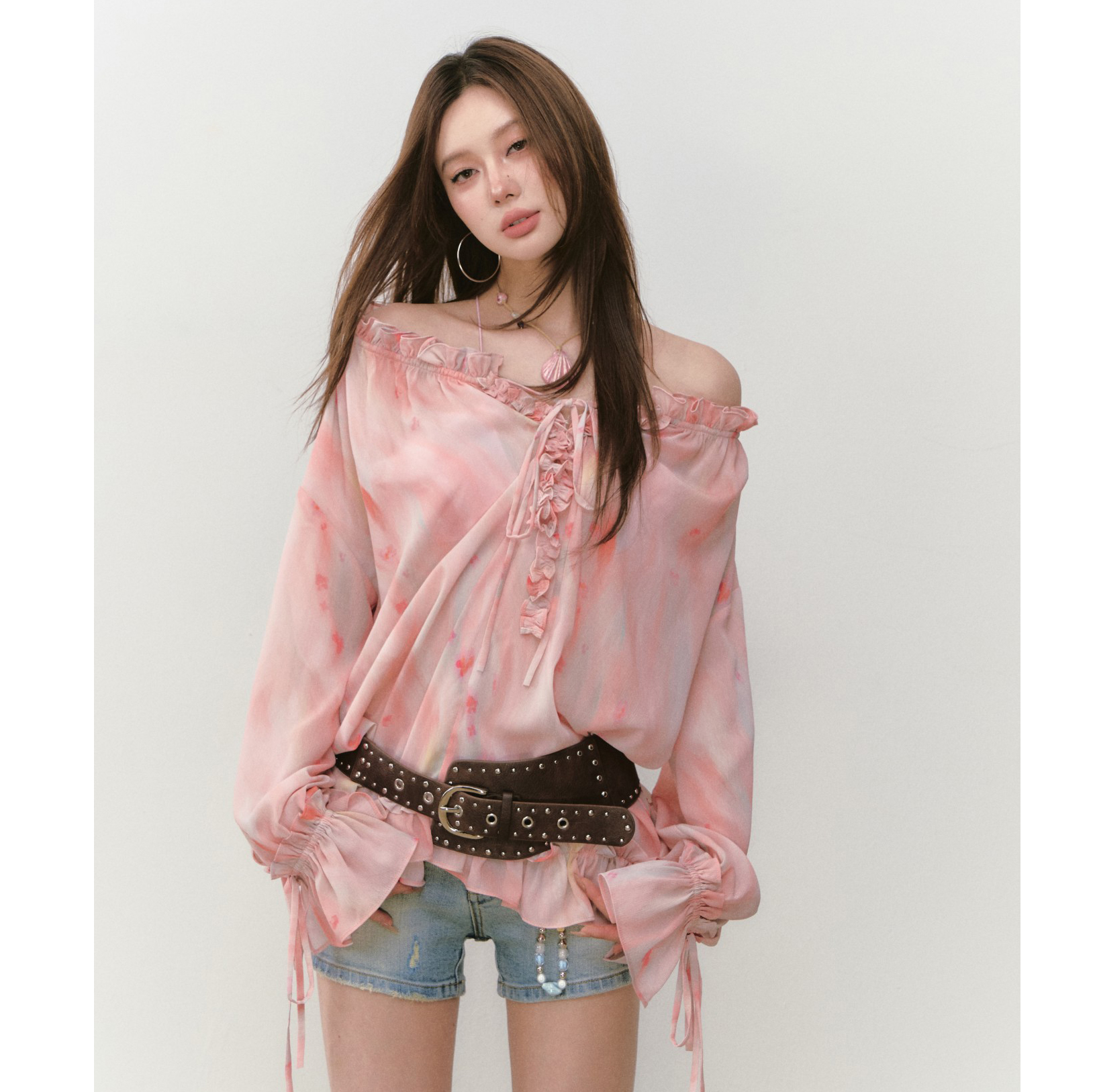 【折】VIAPITTI炫彩罩衫碎花木耳边衬衫女装夏季新款长袖上衣