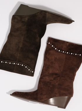 lost in echo2025早秋新款 波西米亚堆褶烫钻西部靴坡跟