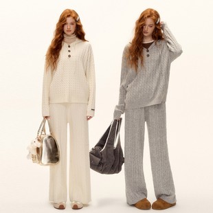 AsGony 25AW新款 羊毛套头连帽纽扣扭花针织衫扭花直筒阔腿针织裤