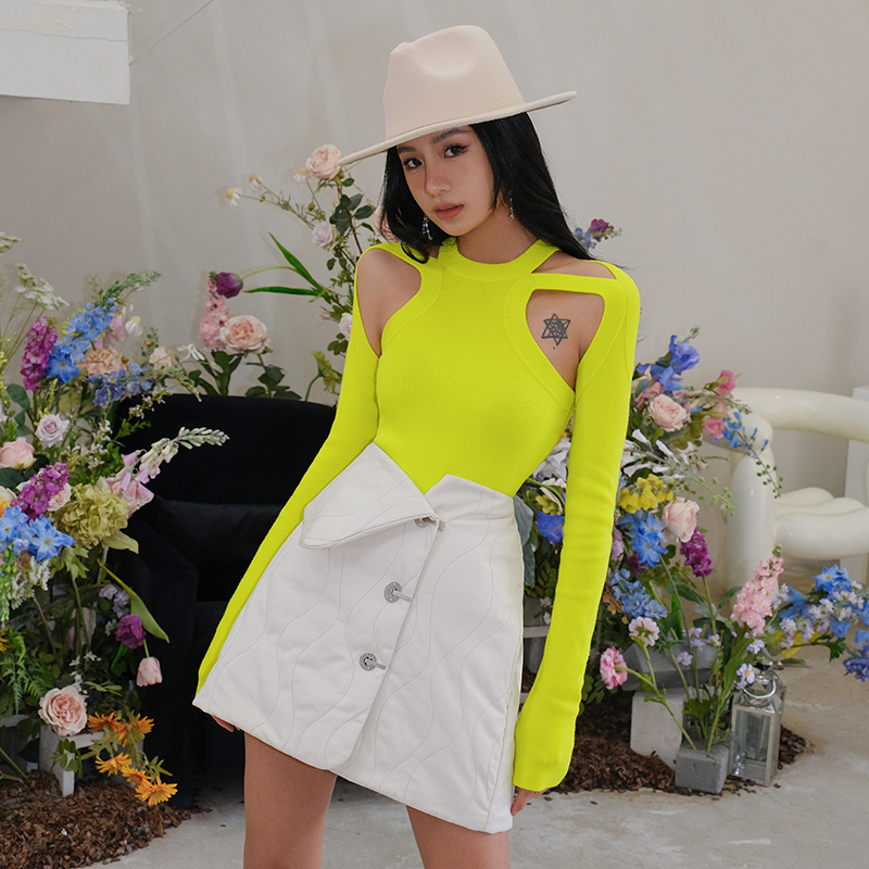 国现 dion lee 木兰2R春夏针织修身肩部镂空上衣波浪绗缝短半裙