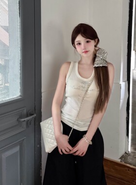 Three Quarters25SS 白玫瑰烫钻针织背心可拆卸两穿阔腿工装裤