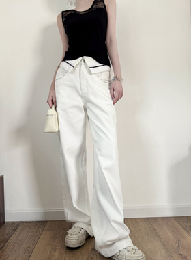 Three Quarters25SS 白色翻腰头阔腿牛仔裤