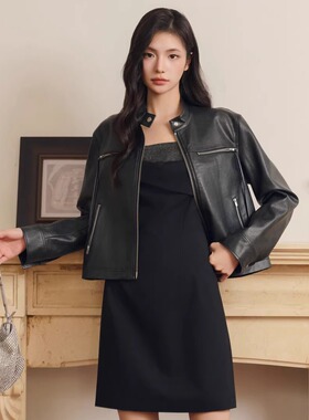 Three Quarters25黑色短款仿真皮夹克外套黑色烫钻合体吊带连衣裙