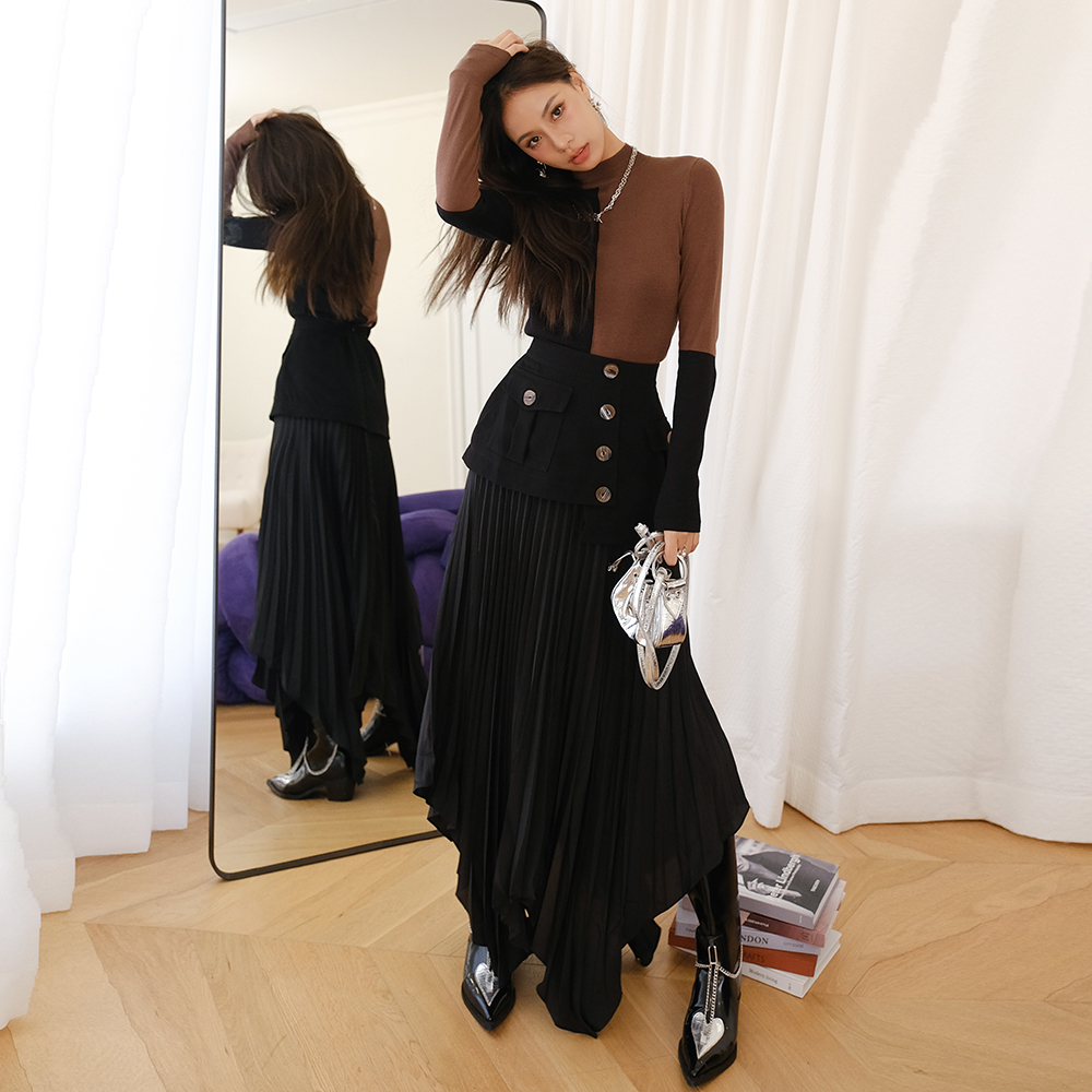 【折】C/MEO新款圆领撞色修身针织衫上衣高腰拼接百褶绝美半身裙