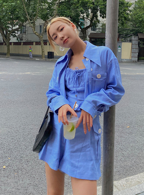 【折】C/MEO 新品蓝色女士夹克外套高腰短裤抽褶吊带上衣