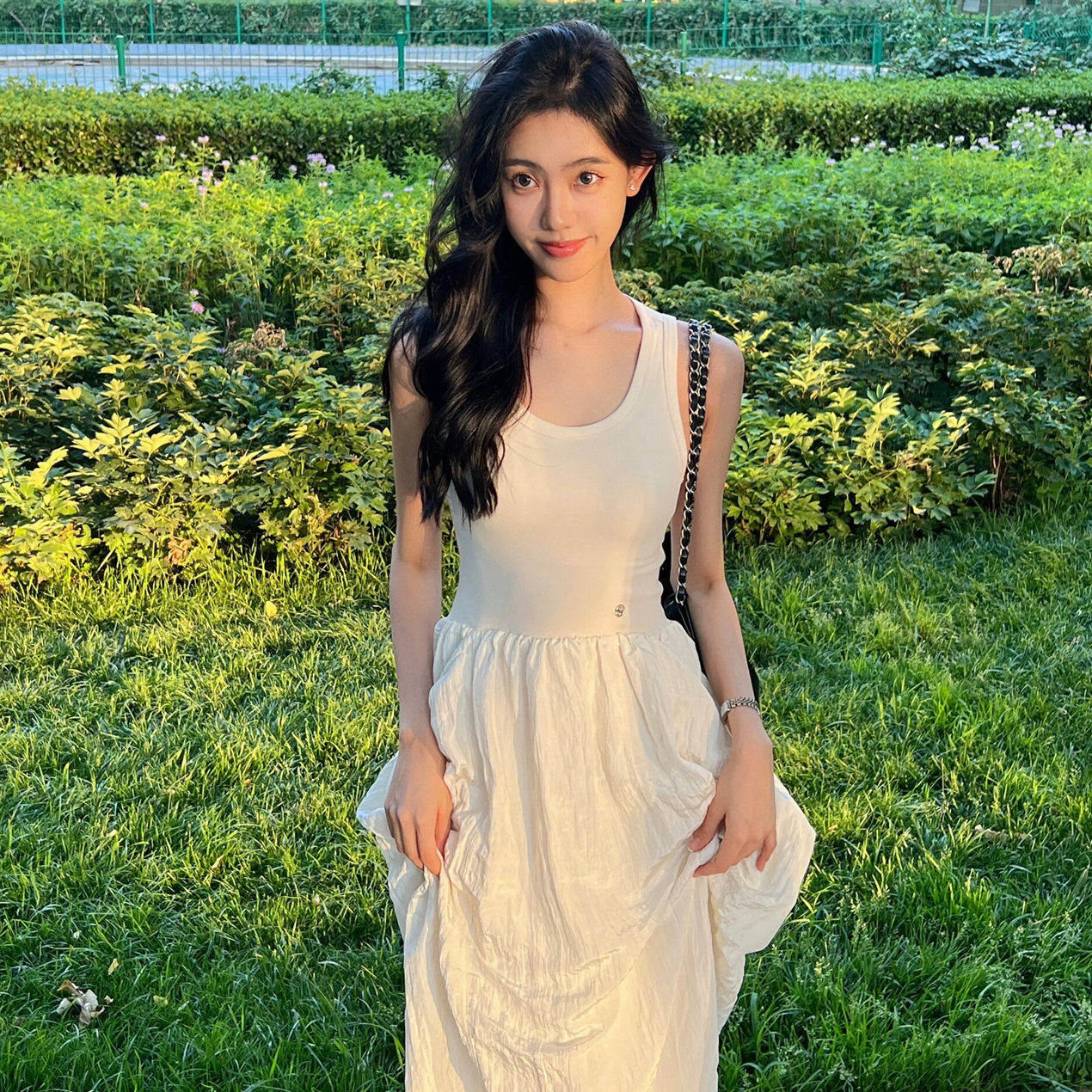 【折】Vena Label 项偞婧同款 假两件拼接无袖长款收腰弹性连衣裙