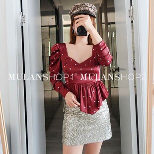 For Love and Lemons2Q秋季波点枣红色低胸甜美波点堆褶长袖上衣