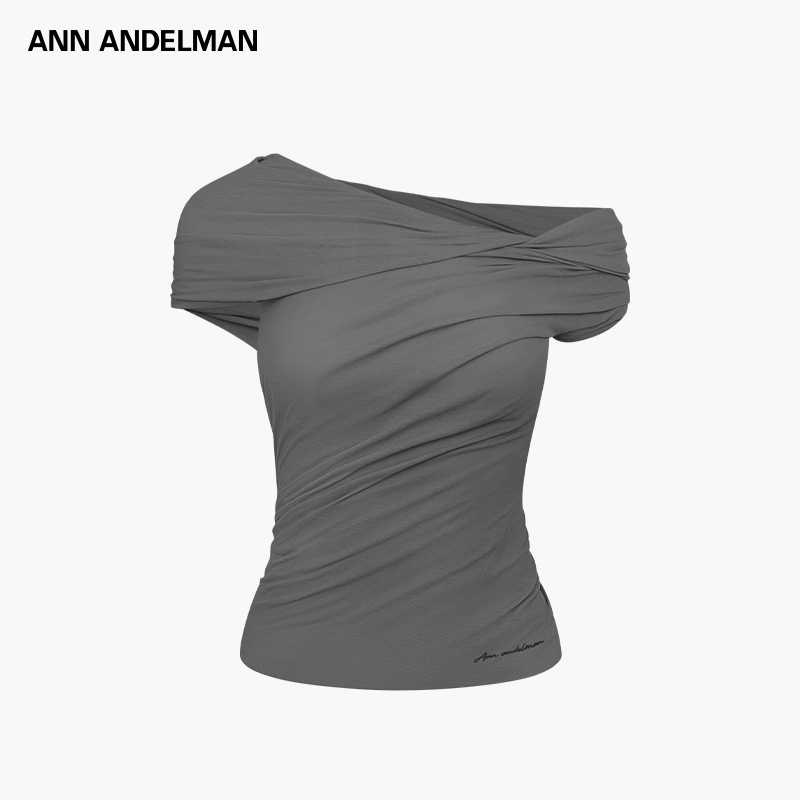 【折】ANN ANDELMAN 新款不规则领上衣不对称丽裁褶皱T