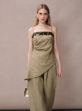 Diana Vevina 25SS早春新款 绿色麻棉吊带绿色麻棉长裤